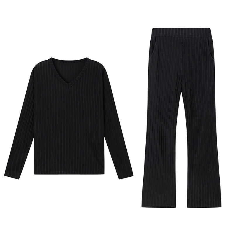 Fashionable Casual Loose V-Neck Ribbed Knit Set for Women