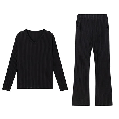 Fashionable Casual Loose V-Neck Ribbed Knit Set for Women