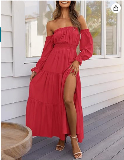 One piece collar exposed shoulder lotus leaf edge long sleeved high slit dress