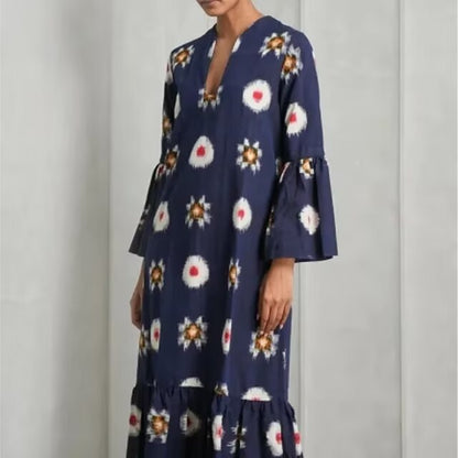 Autumn New Fashion Flower Series V-neck Long Sleeved Dress