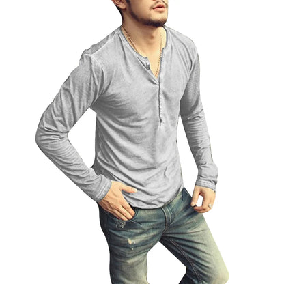 Men Tee Shirt V-neck Long Sleeve Tee Tops Stylish Buttons T-shirt 2025