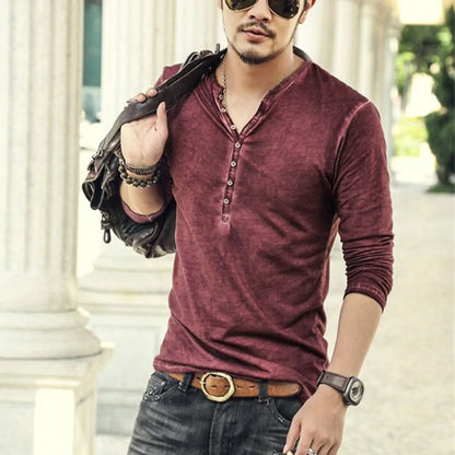 Men Tee Shirt V-neck Long Sleeve Tee Tops Stylish Buttons T-shirt 2025