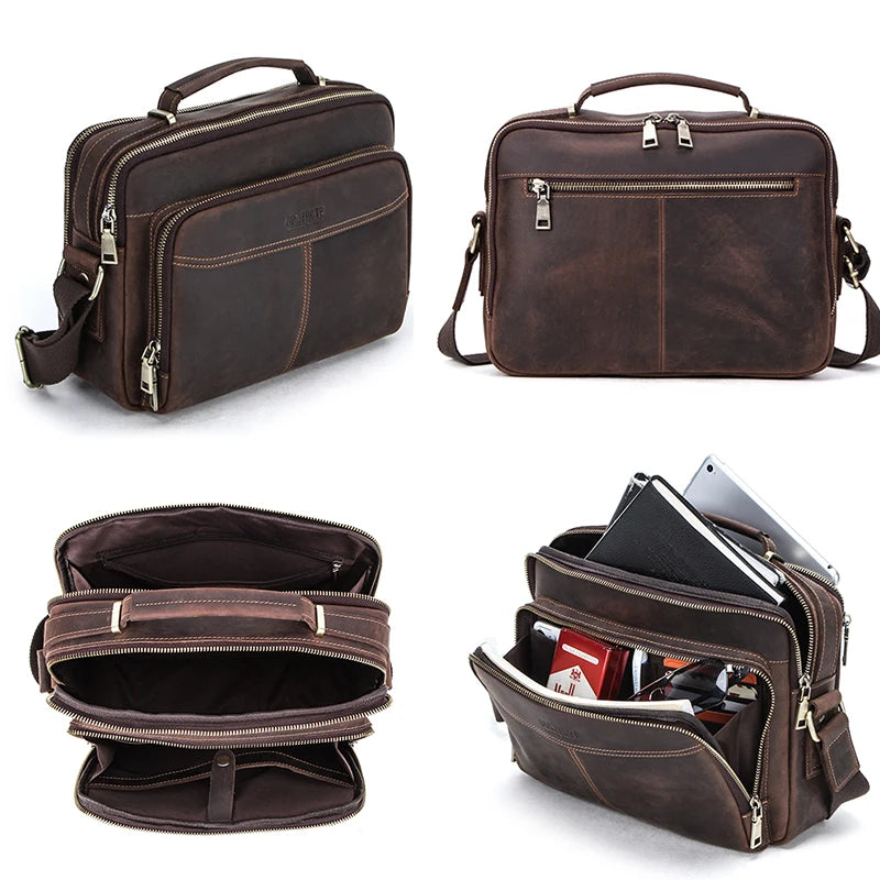 Crazy Horse Leather Men Messenger Bag Vintage Large Capacity