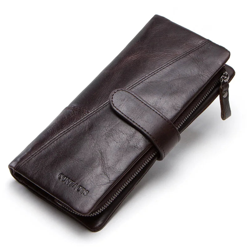 Genuine Leather Men's Long Wallet With Phone Bag Zipper Coin Pocket Purse Male Clutch