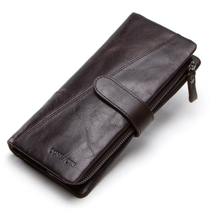Genuine Leather Men's Long Wallet With Phone Bag Zipper Coin Pocket Purse Male Clutch