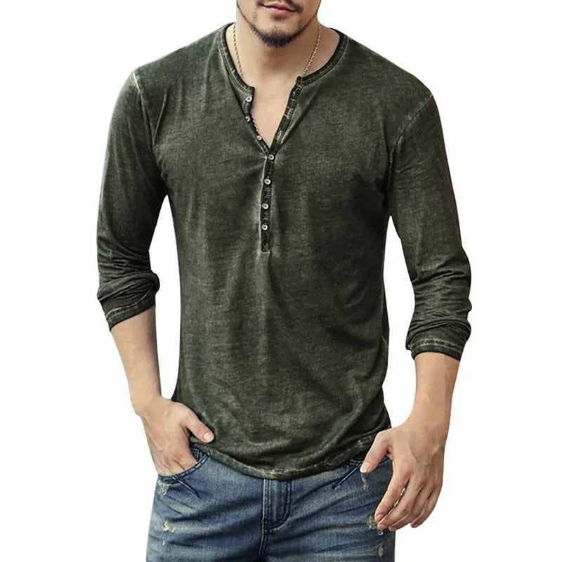 Men Tee Shirt V-neck Long Sleeve Tee Tops Stylish Buttons T-shirt 2025