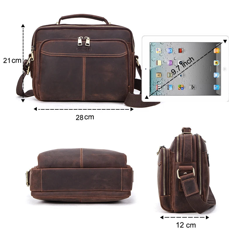 Crazy Horse Leather Men Messenger Bag Vintage Large Capacity