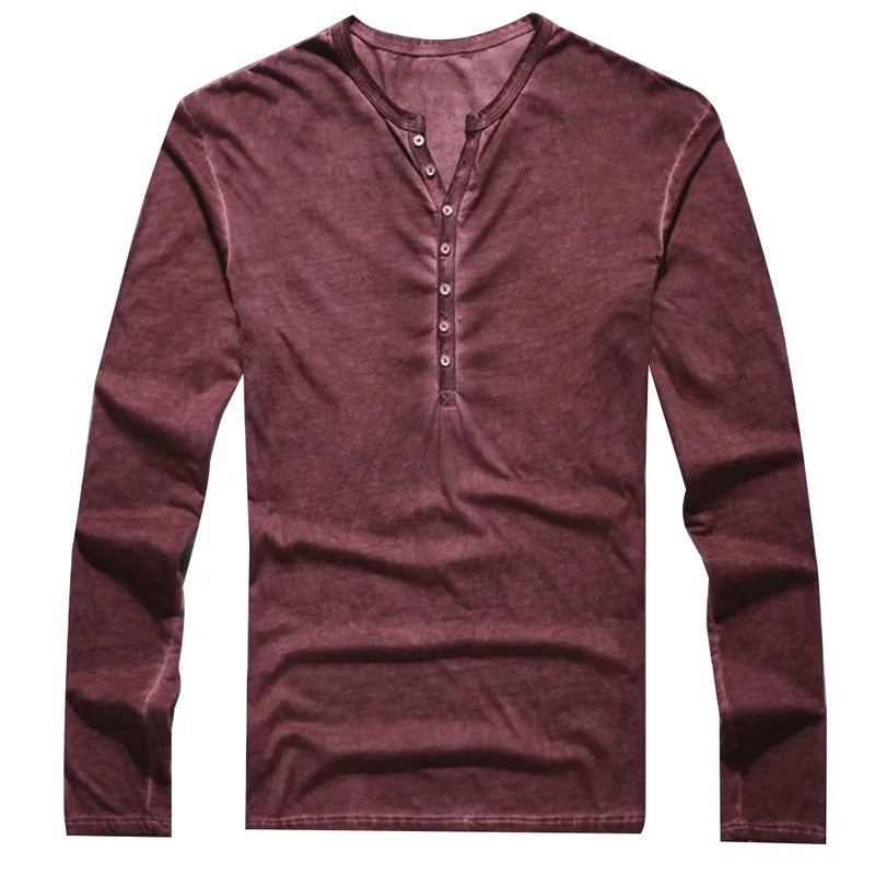 Men Tee Shirt V-neck Long Sleeve Tee Tops Stylish Buttons T-shirt 2025