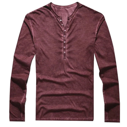 Men Tee Shirt V-neck Long Sleeve Tee Tops Stylish Buttons T-shirt 2025