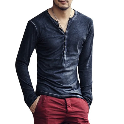 Men Tee Shirt V-neck Long Sleeve Tee Tops Stylish Buttons T-shirt 2025
