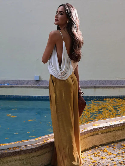 Elegant Women Vest Pants Set Solid Sling V-neck Backless Tops Belt Zipper Wide Leg Long Trouser Lady Suit