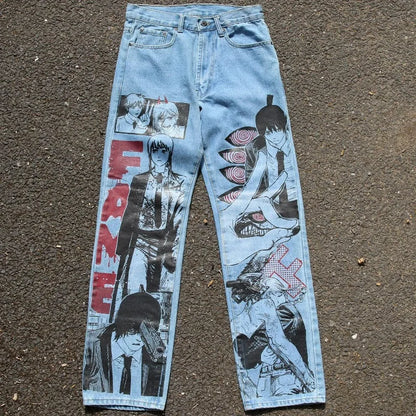 Y2K Anime Baggy Denim Pants Trend Hand Drawn Printed Pattern Unisex Jeans