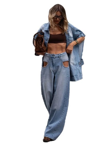 Women's Oversized Denim Two Piece Set Trendy Loose Fit Jacket Matching Wide Leg Jeans Chic Outfits