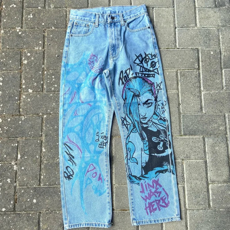 Y2K Anime Baggy Denim Pants Trend Hand Drawn Printed Pattern Unisex Jeans