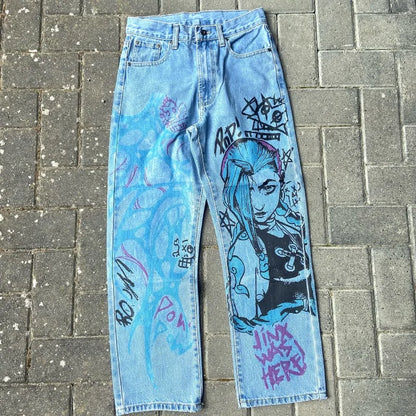 Y2K Anime Baggy Denim Pants Trend Hand Drawn Printed Pattern Unisex Jeans