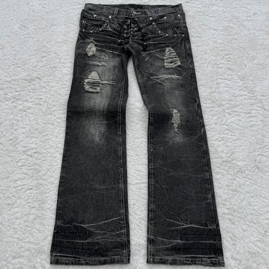 Y2K Washed Jeans Gothic Retro Micro Flared Double Waisted Lace Up Pants Unisex