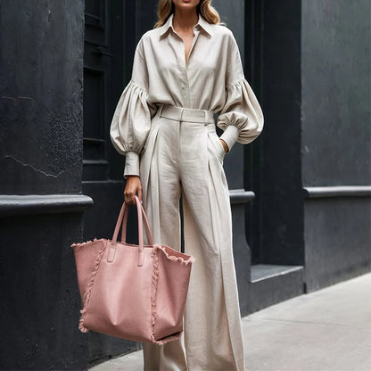 Elegant Lapel Lantern Sleeve 2-Piece Suit Set