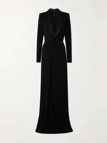 Women's Solid Black Skinny Evening Dress Deep V-Neck Party Dress Autumn 2025