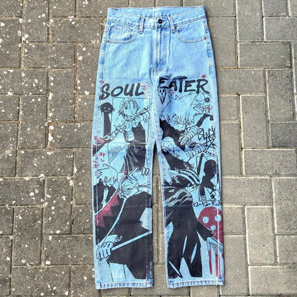 Y2K Anime Baggy Denim Pants Trend Hand Drawn Printed Pattern Unisex Jeans