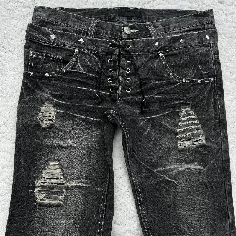 Y2K Washed Jeans Gothic Retro Micro Flared Double Waisted Lace Up Pants Unisex