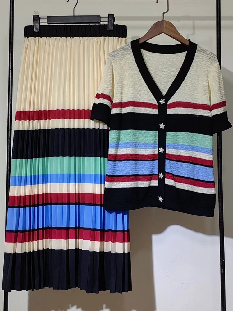 Retro 2025 Women’s Spring/Summer Striped Knit Top & Skirt Set | Vintage Style Outfit