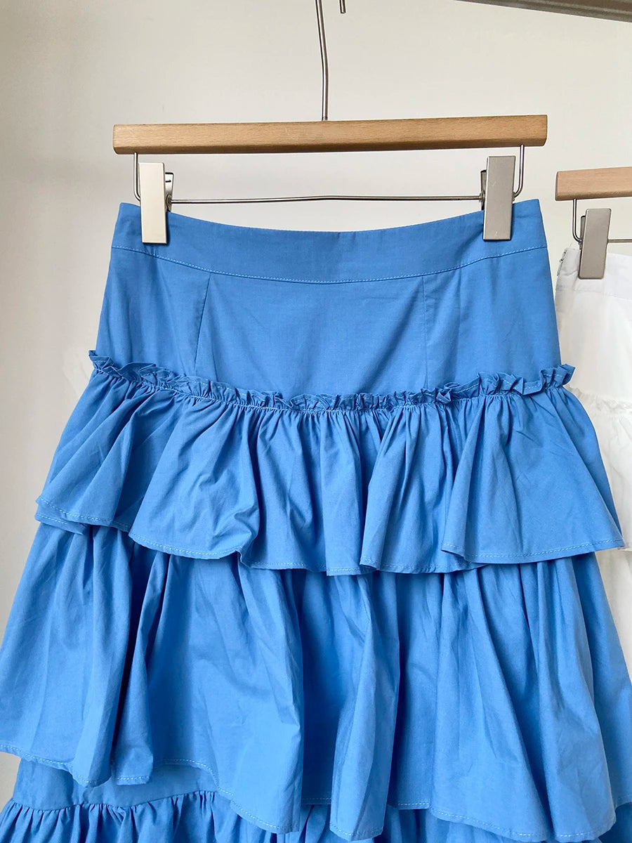 Blue High Waist Irregular Ruffles Knee-Length Skirt Women Fashion New 2025