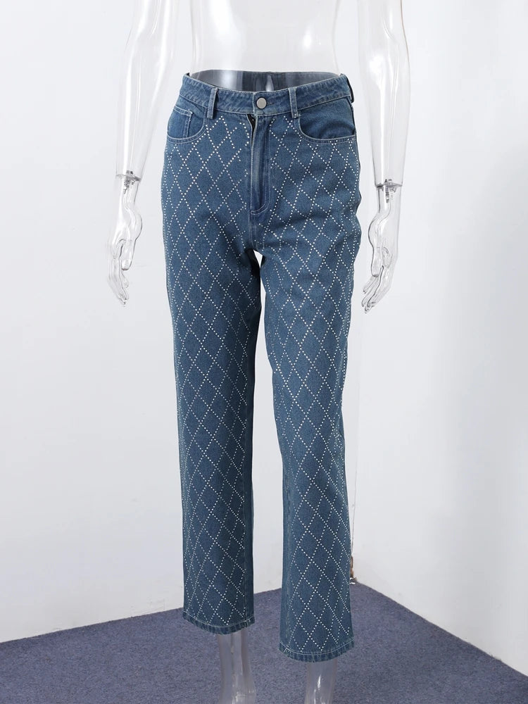 Trendy Shiny Denim Jeans Pant With Rhinestones For Women Diamond-Patterned Trousers