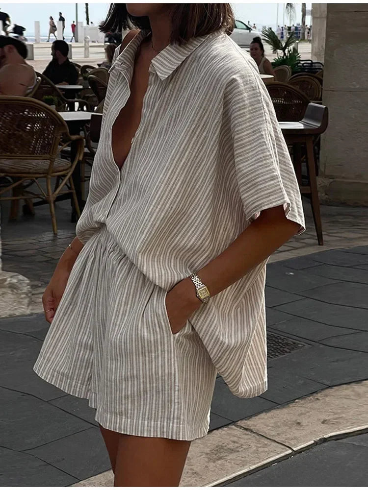 Women's Stripe Print Coordinated Set: Shirt + Lace-Up Shorts