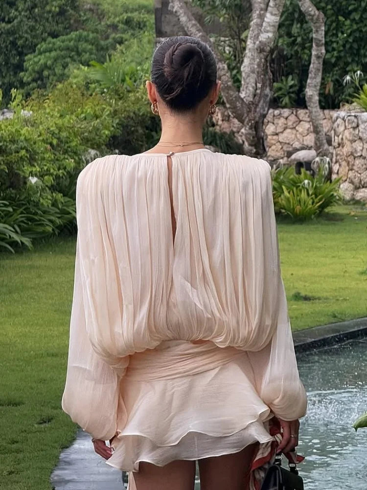 White Pleated Lantern Sleeve Mini Dress New 2025
