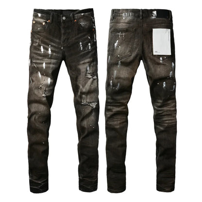 Men's Luxury Distressed Black Streetwear High Stretch Skinny Button Fly Ripped Jean Pants