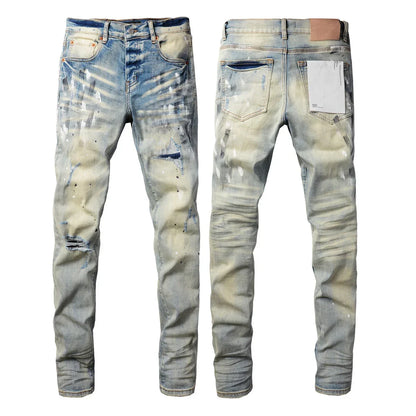 Men's Luxury Distressed Black Streetwear High Stretch Skinny Button Fly Ripped Jean Pants