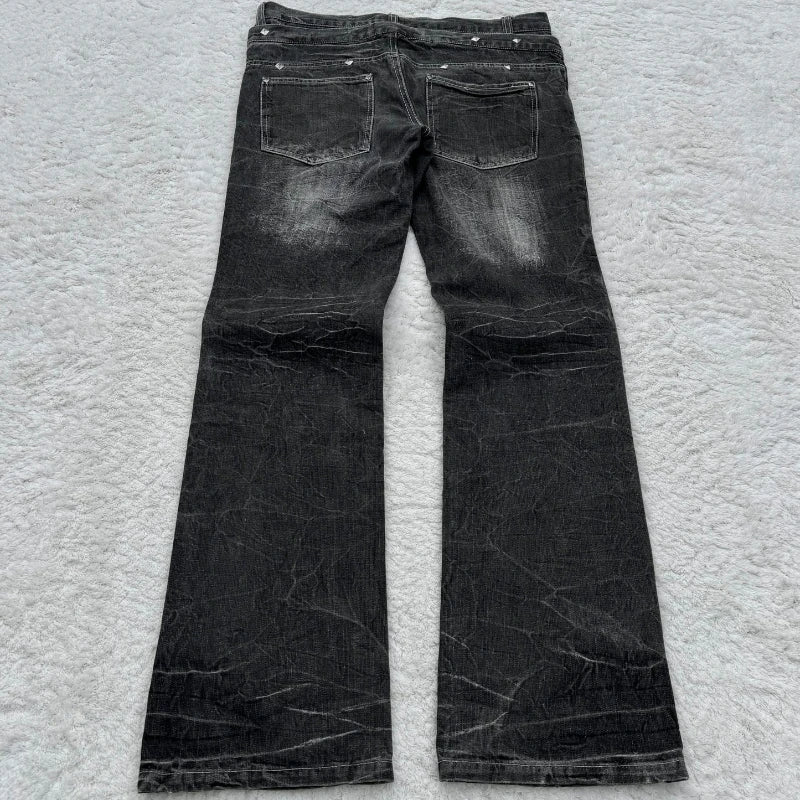 Y2K Washed Jeans Gothic Retro Micro Flared Double Waisted Lace Up Pants Unisex