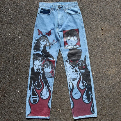 Y2K Anime Baggy Denim Pants Trend Hand Drawn Printed Pattern Unisex Jeans
