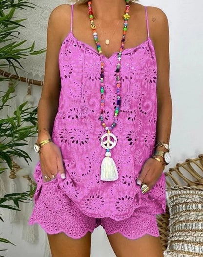 New Two Piece Sets Embroidered Summer Top Shorts for Women 2025