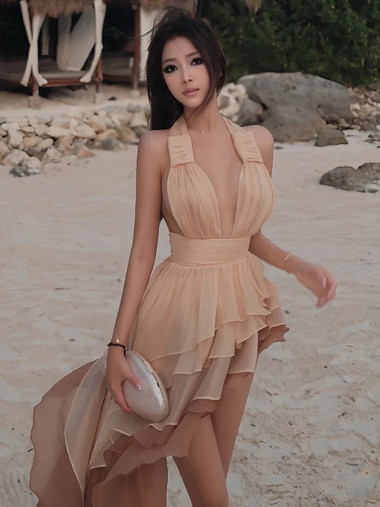 Sexy Halter Gradient Tassel Beach Backless Dress 2025