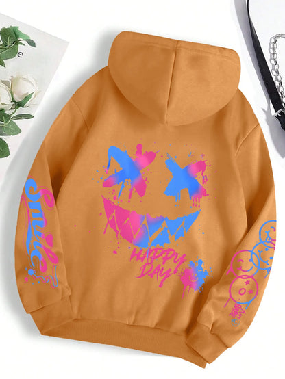 Happy Day Graffiti Print Women Hoodie Oversize Street Hip-Hop Hoody Fashion