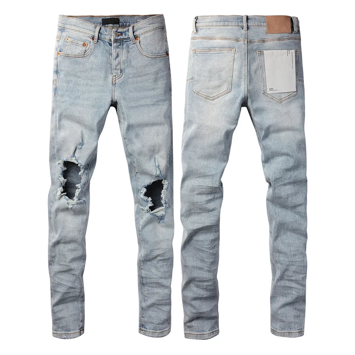 Men's Luxury Distressed Black Streetwear High Stretch Skinny Button Fly Ripped Jean Pants