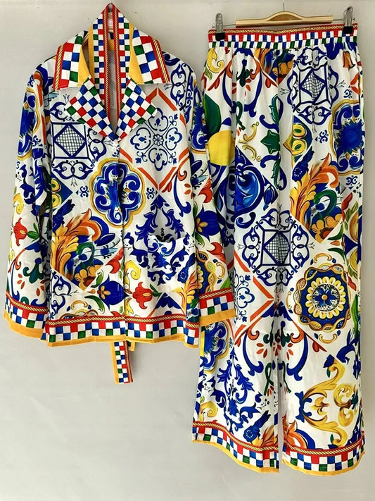 Retro Designer Printed Long-Sleeved Shirt 2025 Autumn Women's Two-Piece Fashion Suit
