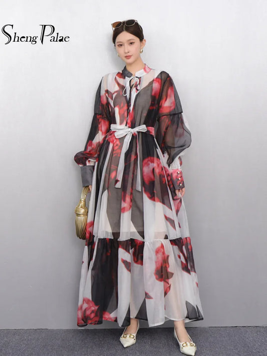 2025 Summer New O Neck Long Sleeve Loose Mid Long Styles Girdling Waist Dress Women