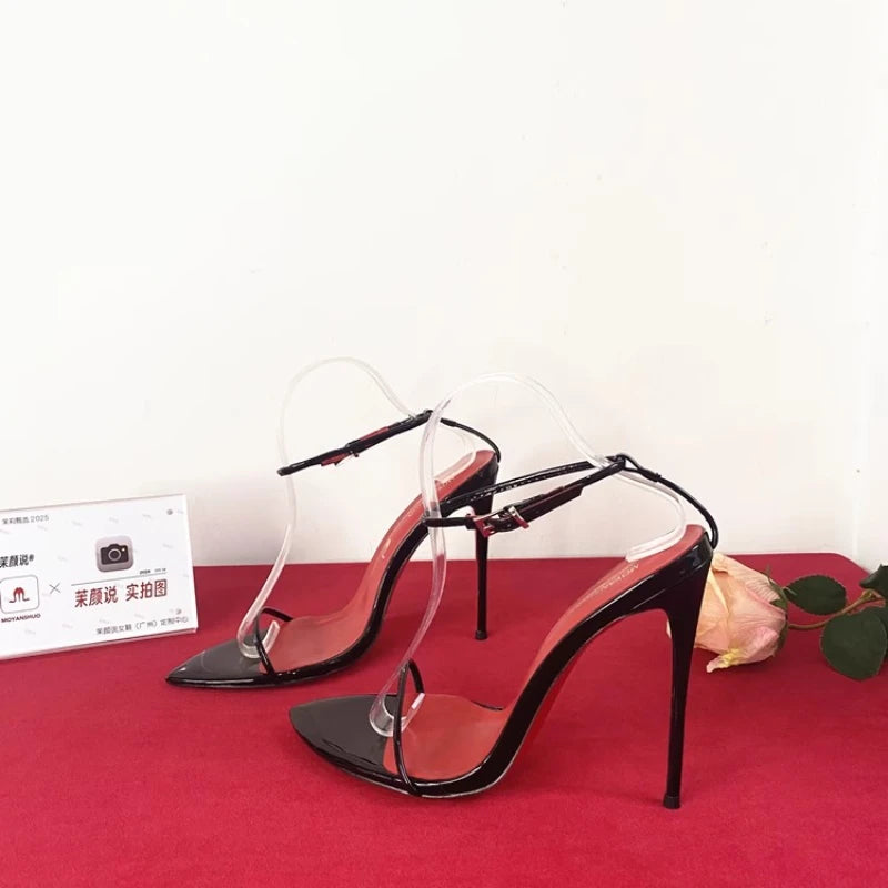 2025 New Minimalist Line Curved Straight Strap 12cm Ultra High Heel Sandals