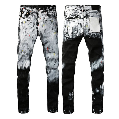 Men's Luxury Distressed Black Streetwear High Stretch Skinny Button Fly Ripped Jean Pants