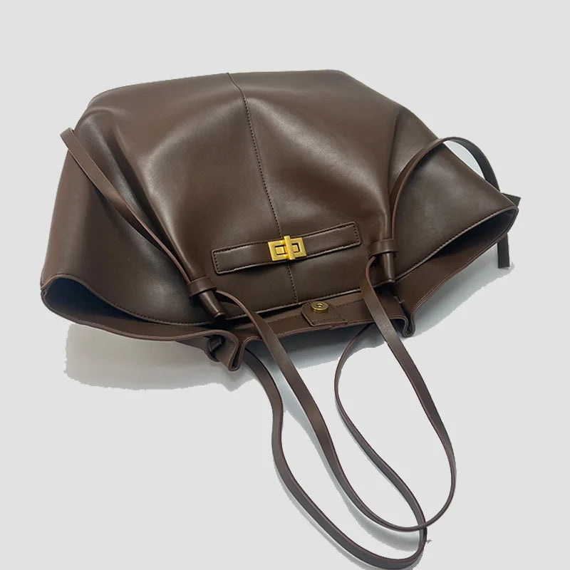 Large Capacity Trapeze Shoulder Bag for Women – Designer PU Leather Tote with Metal Lock | High-Quality