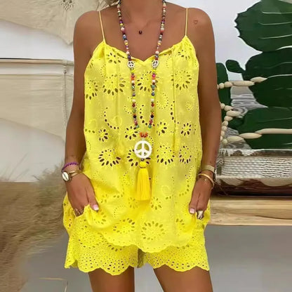 New Two Piece Sets Embroidered Summer Top Shorts for Women 2025