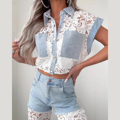 Chic Women's Denim Sparkling Lace Pants Set