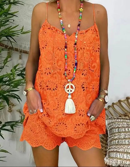 New Two Piece Sets Embroidered Summer Top Shorts for Women 2025