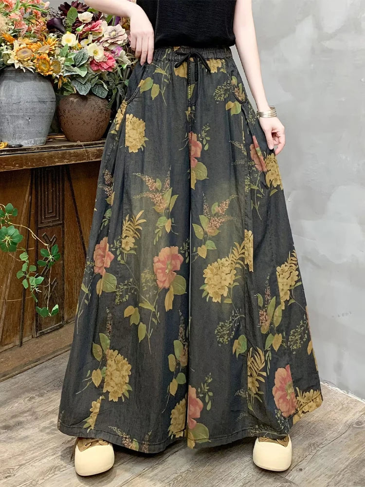 Vintage Luxury Wide-Leg Floral Leisure Jeans for Women