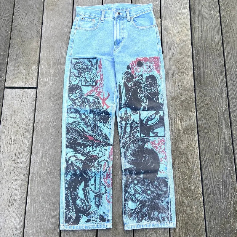 Y2K Anime Baggy Denim Pants Trend Hand Drawn Printed Pattern Unisex Jeans