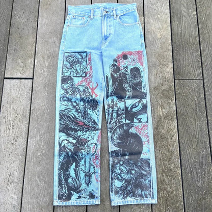 Y2K Anime Baggy Denim Pants Trend Hand Drawn Printed Pattern Unisex Jeans
