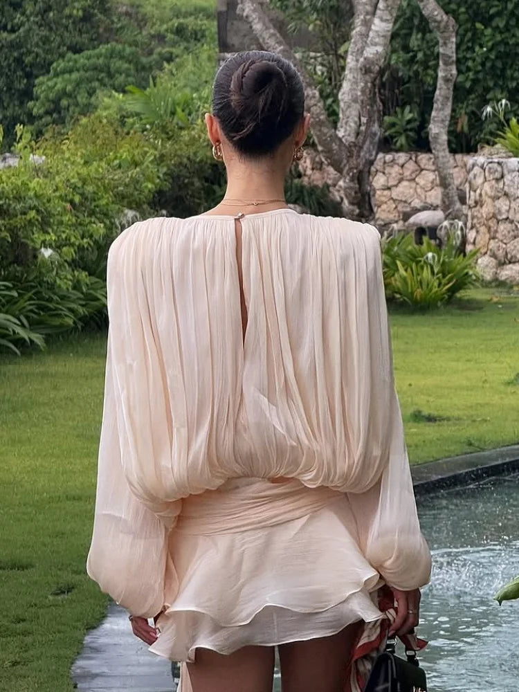 White Pleated Lantern Sleeve Mini Dress New 2025