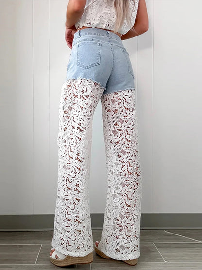 Chic Women's Denim Sparkling Lace Pants Set